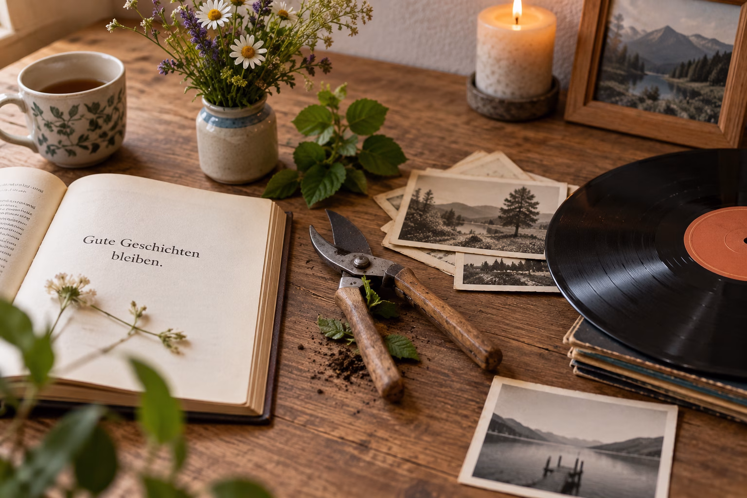 Verschiedene persönliche Erinnerungsstücke wie Buch, Gartenschere und Schallplatte auf einem ruhigen Holztisch, ohne Namen oder private Daten