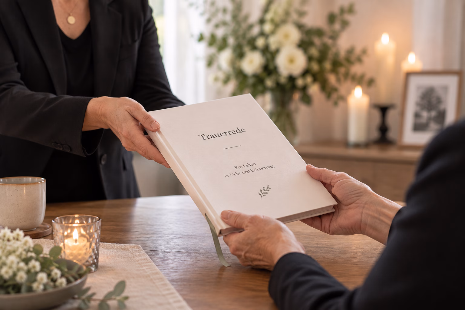 Gebundenes Redemanuskript wird Angehörigen behutsam überreicht, Gesichter nicht sichtbar