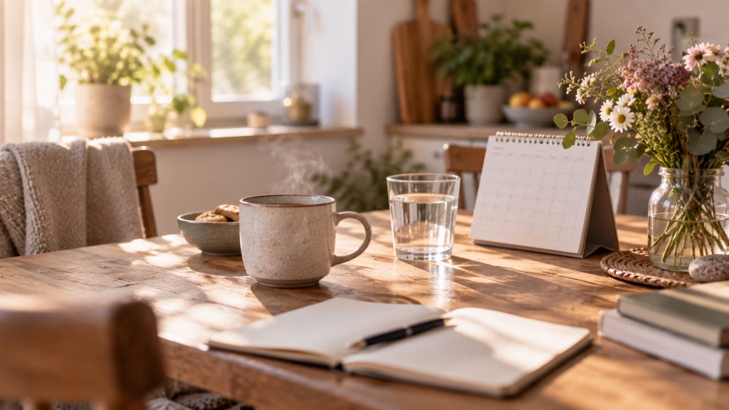 Ein Küchentisch mit Tasse, Kalender und kleinem Blumenstrauß am Morgen