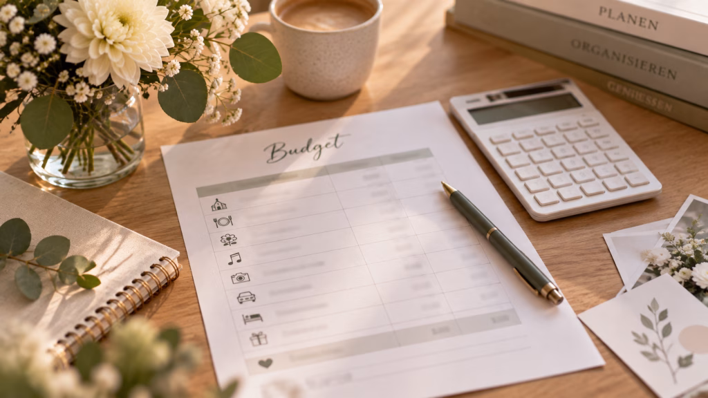 Schlichter Budgetplan neben Taschenrechner, Stift und Blumenmuster, alle Zahlen unlesbar