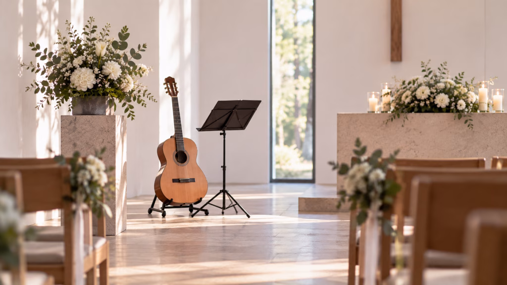 Akustische Gitarre oder Cello steht in einer leeren hellen Trauerhalle neben dezentem Blumenschmuck