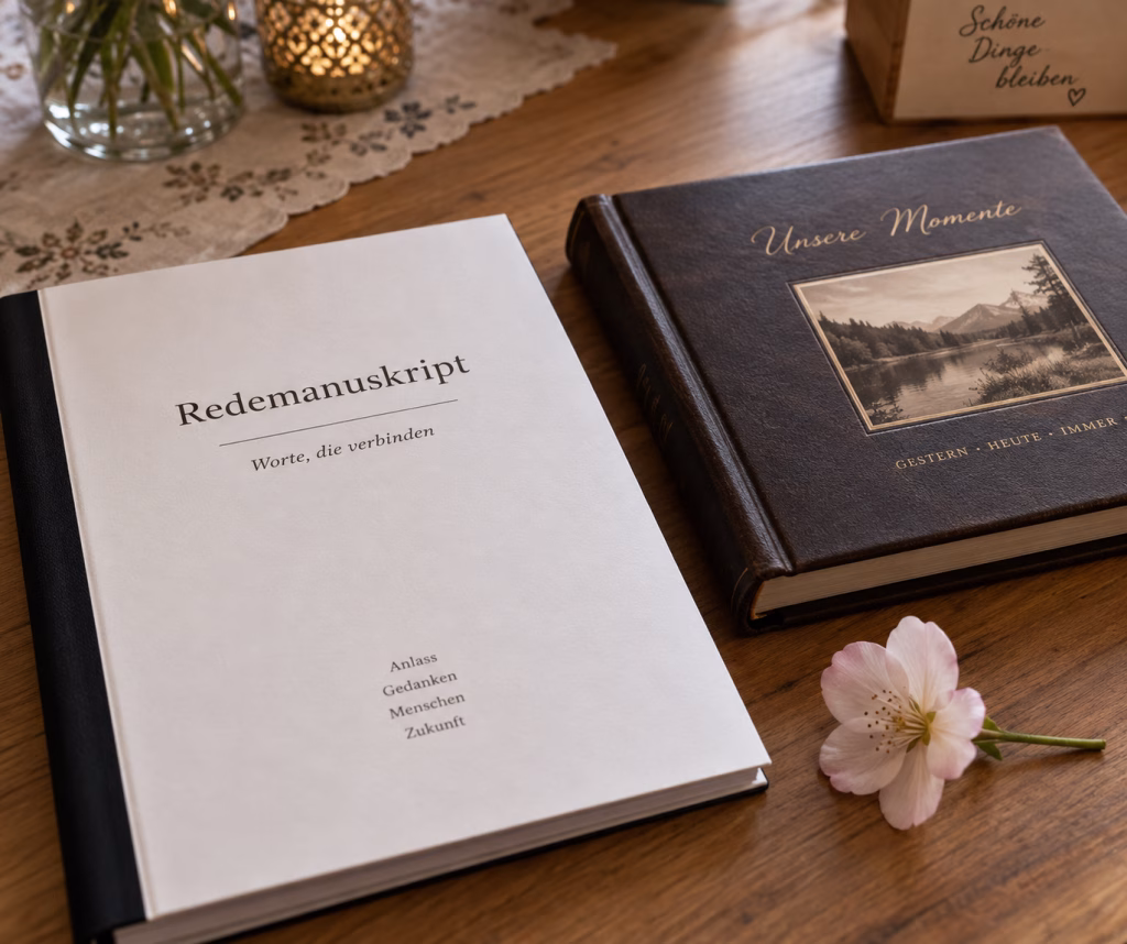 Gebundenes Redemanuskript liegt neben einem Fotoalbum und einer einzelnen Blüte