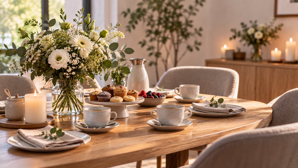 Ruhig gedeckter Kaffeetisch mit Blumen, Gebäck und freien Plätzen im natürlichen Licht