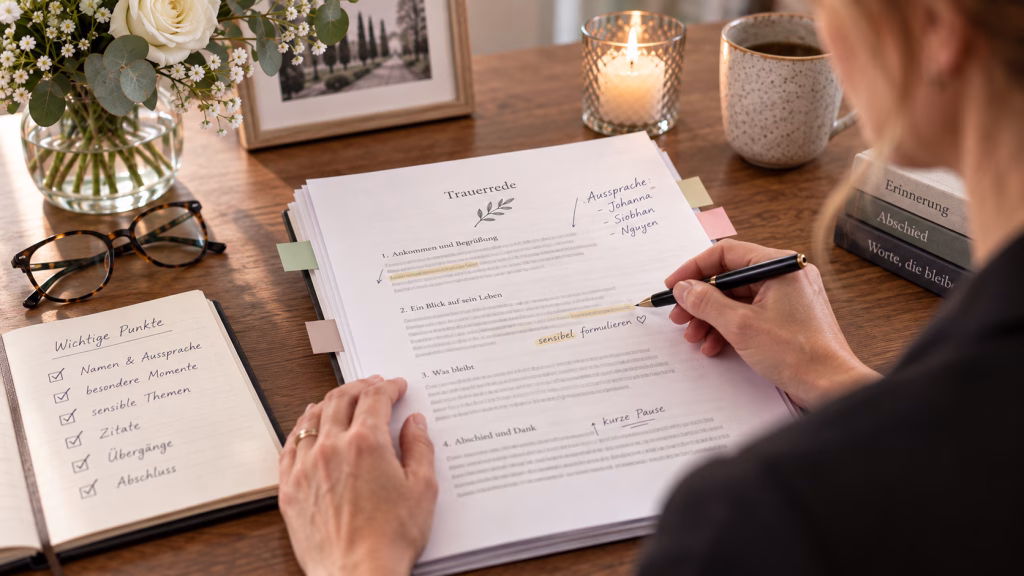 Trauerredner prüft Namen, Aussprache und sensible Stellen in einem strukturierten Manuskript