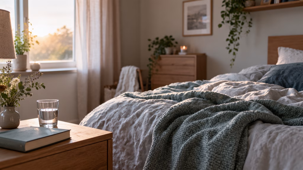 Ein schlichtes Schlafzimmer mit zerwühlter Decke im frühen Morgenlicht