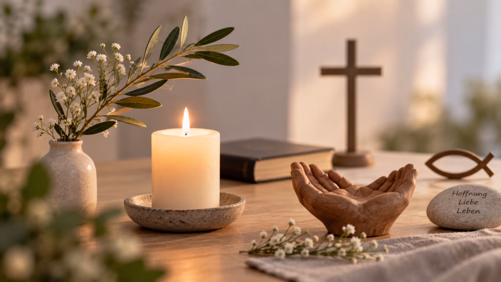 Neutrale Kerze, Zweig, offene Hände und dezente religiöse Symbole mit ausgewogener Anordnung