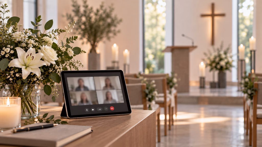 Tablet mit neutraler Videokonferenzansicht steht dezent neben Blumen in einer leeren Trauerhalle